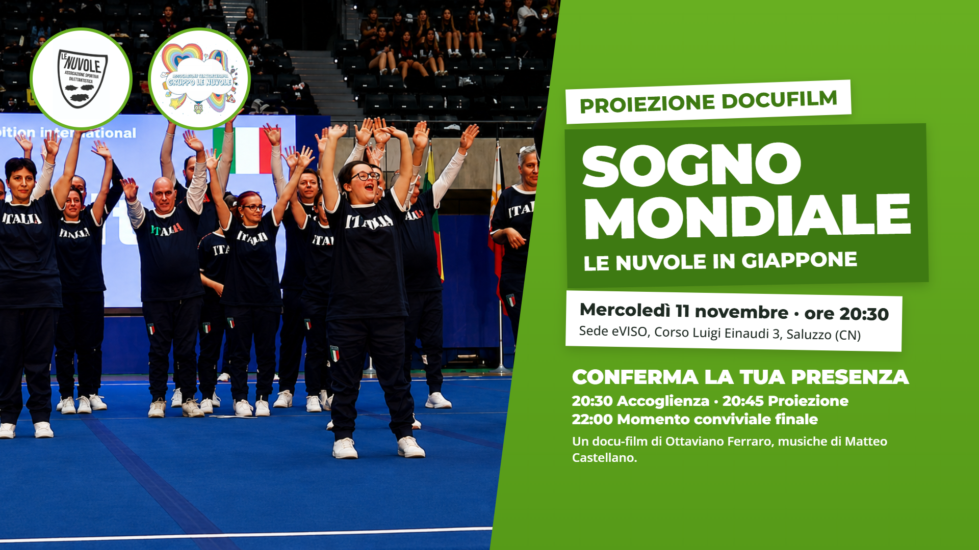 Locandina del docufilm “Sogno Mondiale – Le Nuvole in Giappone”, proiezione l’11 novembre 2026 nella sede eVISO di Saluzzo